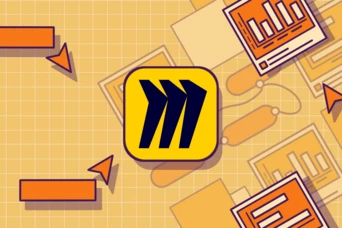 Ein gelbes Quadrat mit einem stilisierten schwarzen Logo, das drei diagonale Linien zeigt, umgeben von orangefarbenen Pfeilen und verschiedenen Dokumenten mit Grafiken, vor einem Gitterhintergrund.