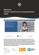A woman with curly hair smiles while holding a book, set against a patterned background. The text discusses the launch of bibelwerk.de, a platform for two organizations related to Bible publishing and content commerce.