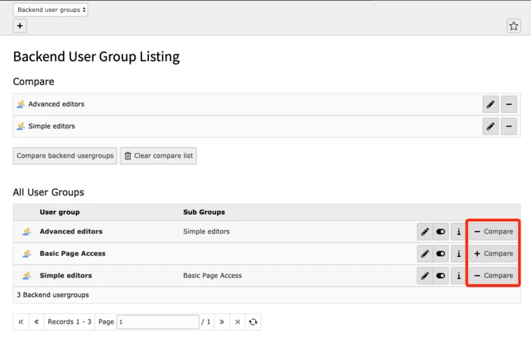 Backend user group listing displaying user groups such as "Advanced editors," "Basic Page Access," and "Simple editors," with options to compare each group highlighted in red. The layout includes navigation for records and pagination.