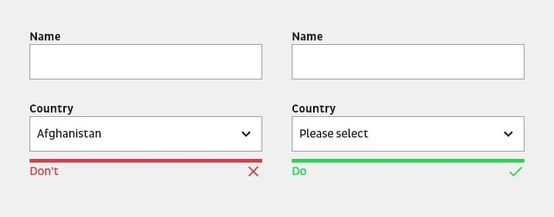 Two form fields for entering names, with a dropdown for selecting a country. The first field shows "Afghanistan" with a red "Don't" indicator, while the second field prompts "Please select" with a green "Do" indicator.