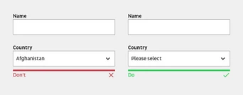 Two form fields for entering names, with a dropdown for selecting a country. The first field shows "Afghanistan" with a red "Don't" indicator, while the second field prompts "Please select" with a green "Do" indicator.