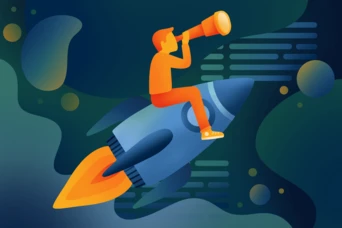 A person in an orange outfit sits on a blue rocket, using a telescope to look ahead. The background features abstract shapes and lines, suggesting a space or futuristic theme.