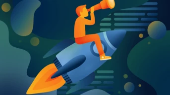 A person in an orange outfit sits on a blue rocket, using a telescope to look ahead. The background features abstract shapes and lines, suggesting a space or futuristic theme.