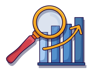 Magnifying glass over a bar graph with an upward trend, symbolizing analysis and growth in data.