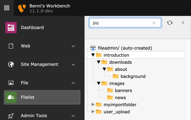 File management interface displaying a directory structure with folders labeled "introduction," "downloads," "about," "background," "images," "banners," "news," "myimportfolder," and "user_upload." A search bar is visible at the top.