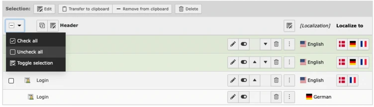 User interface displaying options for managing selections, including "Check all," "Uncheck all," and "Toggle selection," along with a list of items labeled "Header" and "Login" in multiple languages.