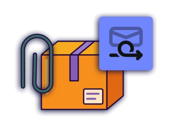 Orange shipping box with a purple ribbon and a return label icon, indicating a package ready for return shipping.