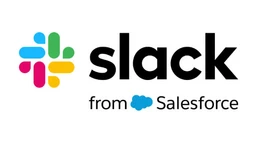 Slack logo featuring a colorful icon with four interlocking shapes in pink, green, yellow, and blue, accompanied by the word "slack" in bold black text and the phrase "from Salesforce" in smaller font below.
