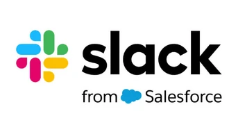 Slack logo featuring a colorful icon with four interlocking shapes in pink, green, yellow, and blue, accompanied by the word "slack" in bold black text and the phrase "from Salesforce" in smaller font below.