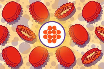 Red bottle caps arranged around a central logo with a circular design, set against a light, textured background.