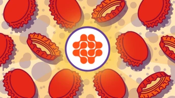 Rote Flaschenverschlüsse, die um ein zentrales Logo mit einem kreisförmigen Design angeordnet sind, vor einem hellen, strukturierten Hintergrund.