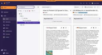Dashboard interface displaying a blog post titled "How to Prevent UX Sprawl in Existing Systems" with options for language selection and editing features.