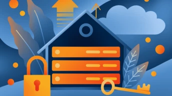 A stylized graphic featuring a house with three horizontal bars representing data storage, a padlock symbolizing security, and a key. Background elements include leaves and abstract shapes, suggesting a digital or cloud-based theme.