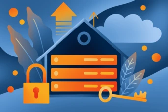 A stylized graphic featuring a house with three horizontal bars representing data storage, a padlock symbolizing security, and a key. Background elements include leaves and abstract shapes, suggesting a digital or cloud-based theme.