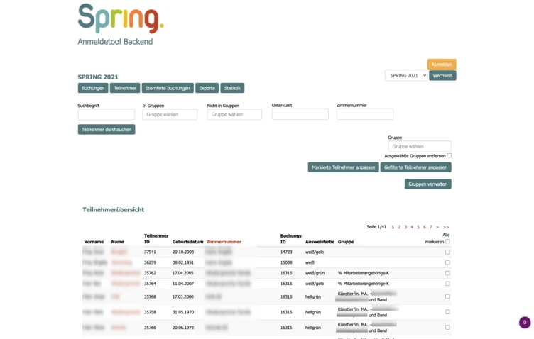 Web interface for a registration tool titled "Spring 2021," featuring sections for searching participants, managing bookings, and viewing participant details, including names, IDs, and associated groups.