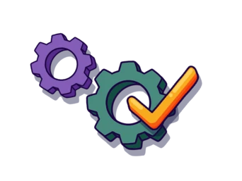 Two gears, one purple and one teal, with a checkmark in orange, symbolizing completion or approval in a mechanical context.