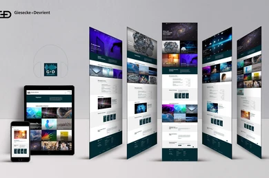 A collection of digital device mockups displaying a website design by Giesecke+Devrient, featuring various colorful images and a structured layout across multiple screens, including a smartphone and tablet.