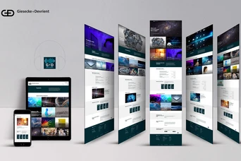 Eine Sammlung von Mockups digitaler Geräte, die ein Webdesign von Giesecke+Devrient präsentieren. Die Mockups zeigen verschiedene farbenfrohe Bilder und ein strukturiertes Layout auf mehreren Bildschirmen, darunter ein Smartphone und ein Tablet.