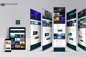 A collection of digital device mockups displaying a website design by Giesecke+Devrient, featuring various colorful images and a structured layout across multiple screens, including a smartphone and tablet.