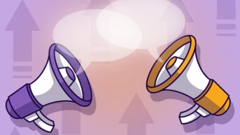 Two megaphones, one purple and one orange, are positioned facing each other against a gradient background with upward arrows and speech bubble outlines, suggesting communication or dialogue.