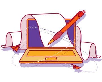 A laptop with a large sheet of paper emerging from the screen, accompanied by a red pen and small paper airplanes, symbolizing writing or creative work.