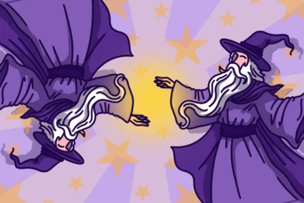 Two wizards in purple robes with long white beards, facing each other against a starry background.