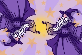 Two wizards in purple robes with long white beards, facing each other against a starry background.