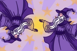 Two wizards in purple robes with long white beards, facing each other against a starry background.
