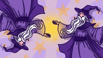 Two wizards in purple robes with long white beards, facing each other against a starry background.