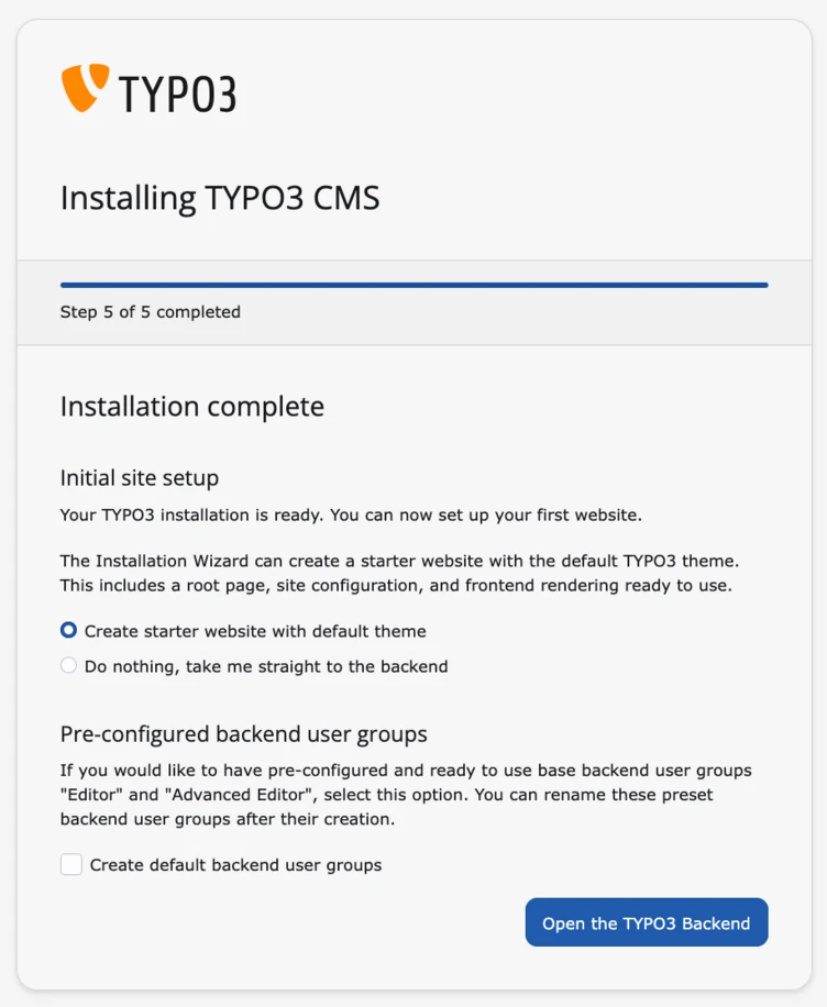 Installation progress screen for TYPO3 CMS, indicating completion of step 1 and options for initial site setup and user group configuration.