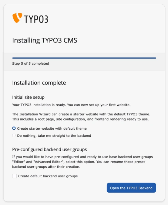 Installation progress screen for TYPO3 CMS, indicating completion of step 1 and options for initial site setup and user group configuration.