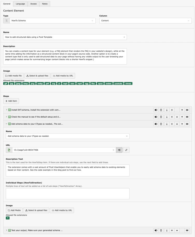 Screenshot of a TYPO3 content type