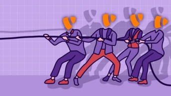 Four stylized figures with orange cone-shaped heads are engaged in a tug-of-war, pulling on a rope. The background features a grid pattern, emphasizing the dynamic action of the scene.