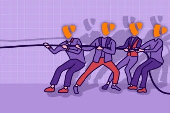 Four stylized figures with orange cone-shaped heads are engaged in a tug-of-war, pulling on a rope. The background features a grid pattern, emphasizing the dynamic action of the scene.