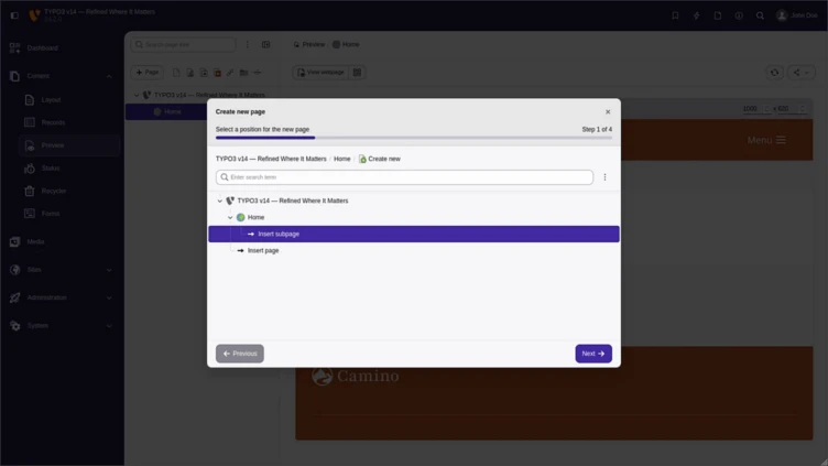 Popup window for creating a new page, displaying options for selecting a position and inserting a new page in a web application.