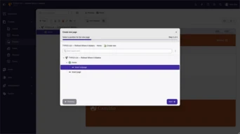 Popup-Fenster zum Erstellen einer neuen Seite, das Optionen zum Auswählen einer Position und zum Einfügen einer neuen Seite in einer Webanwendung anzeigt.