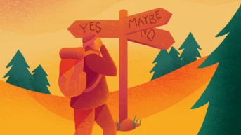 A hiker stands at a wooden signpost with three directions labeled "YES," "MAYBE," and "NO," surrounded by stylized trees and a gradient sky. The scene conveys a sense of decision-making in nature.