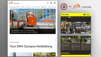 Website interface for SRH University featuring a video play button, campus tour invitation, and sections for services and gallery.