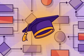 A graduation cap is centrally placed among various flowchart elements, including rectangles and circles, set against a gradient background. The design suggests themes of education and decision-making processes.