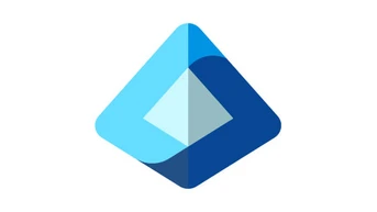 A geometric logo featuring a diamond shape divided into four sections, using shades of blue and light blue.