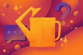 A stylized orange watering can is central to the design, surrounded by abstract shapes, question marks, and speech bubbles, set against a vibrant gradient background.