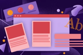A digital design layout featuring three card-like elements, a browser window, and typography. Color swatches in the background include red, pink, and orange, set against a dark purple backdrop with abstract shapes.