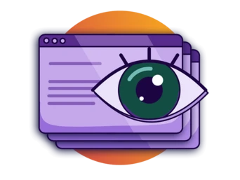 An eye symbol overlaid on a stack of web browser windows, representing observation or monitoring in a digital context.