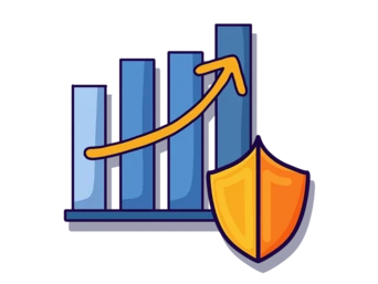Bar graph with an upward trend and a shield symbol, representing growth and security in data or finance.