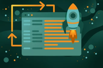 A stylized rocket launching from a computer screen, with lines of code displayed on the screen and arrows indicating movement or progress. The background features abstract shapes and dots in a dark color scheme.