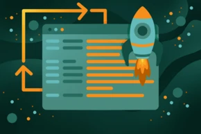 A stylized rocket launching from a computer screen, with lines of code displayed on the screen and arrows indicating movement or progress. The background features abstract shapes and dots in a dark color scheme.