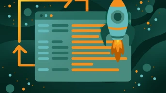 Ein stilisierter Raketenstart von einem Computerbildschirm, auf dem Zeilen von Code angezeigt werden, mit Pfeilen, die Bewegung oder Fortschritt anzeigen. Der Hintergrund zeigt abstrakte Formen und Punkte in einem dunklen Farbschema.