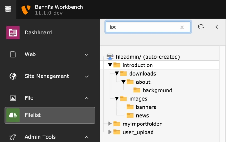 File management interface displaying a directory structure with folders labeled "introduction," "downloads," "about," "background," "images," "banners," "news," "myimportfolder," and "user_upload." A search bar is visible at the top.