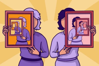 Two individuals with different hair colors hold framed pictures, each depicting a smaller version of themselves. The background features radial lines in warm colors, enhancing the focus on the subjects.