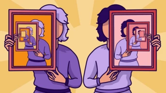 Two individuals with different hair colors hold framed pictures, each depicting a smaller version of themselves. The background features radial lines in warm colors, enhancing the focus on the subjects.